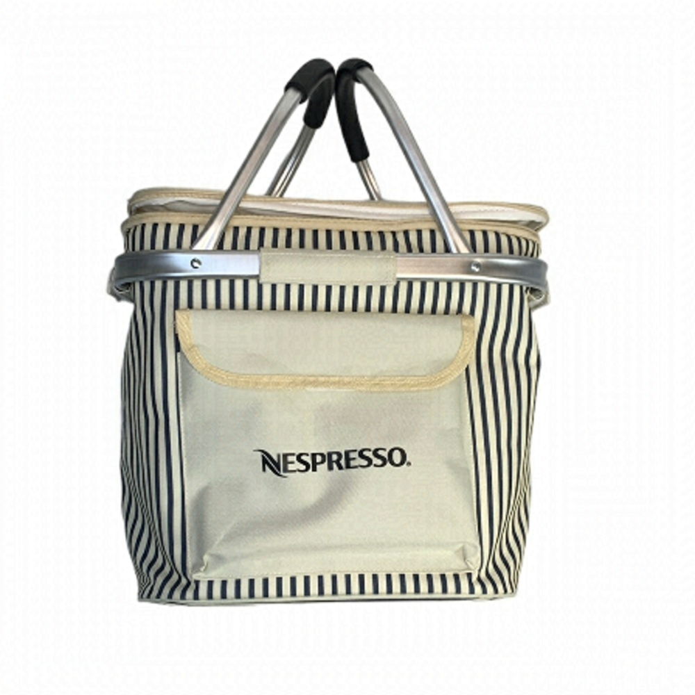 NESPRESSO Collapsible Striped Picnic Basket Cooler with Double Aluminum Handles